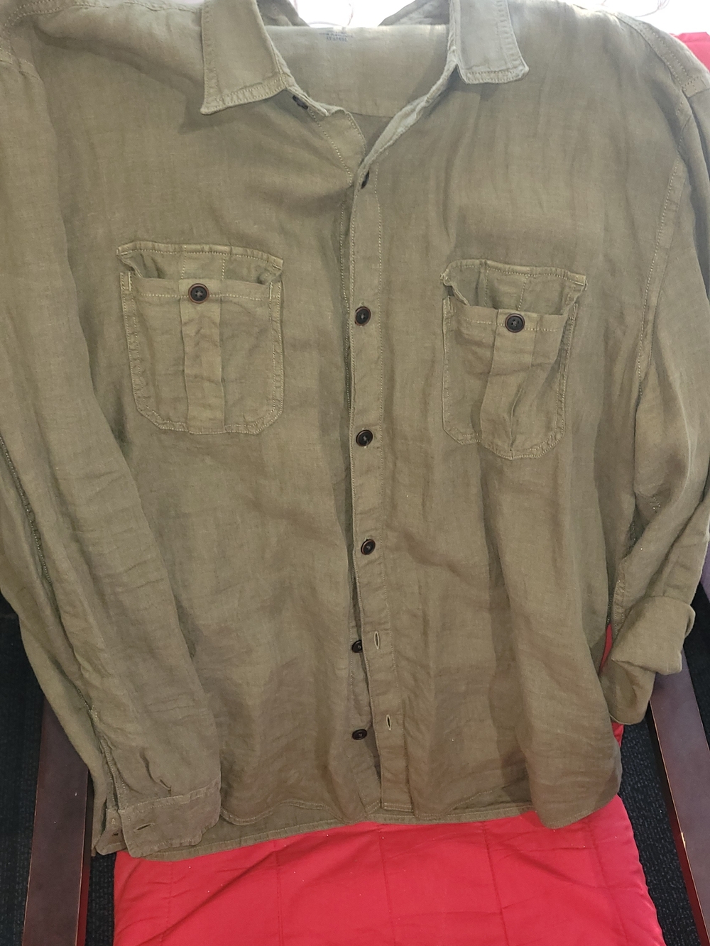 Olive Green Irish Linen Button-Front Utility Shirt